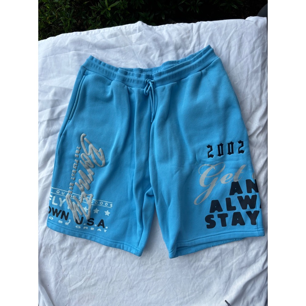 Born Fly Mens Blue Fleece Graphic Sweat Shorts 2XL Streetwear Get Fly 2002